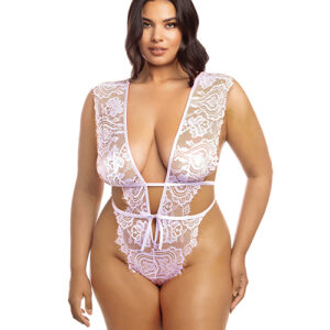 Imani Eyelash Lace Soft Cup High Leg Teddy Pink Tulle 1X/2X