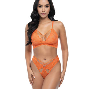 Amina Scallop Lace & Mesh Bralette w/Panty 2 pc Set - Dragon Fire Orange L/XL