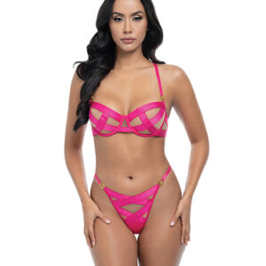 Raelynn Satin Strappy Underwire Bra w/G-String 2 pc Set - Pink Yarrow XL