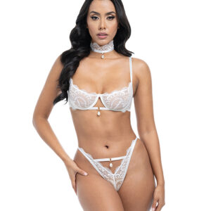 Pearla Lace Underwire Bra & Open Back Panty w/Matching Collar 3 pc Set - White S/M