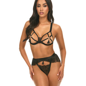Annika Open Cup 2 pc Set w/Fringe and Tassel Detail - Black L/XL