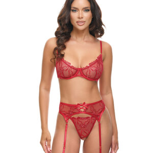 Mariah Embroidered Lace and Mesh Underwire Bra w/Garter & G-String 3 pc Set - Burgundy XL
