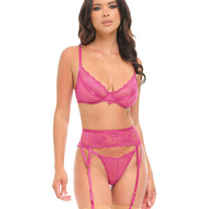 Julia Lace & Mesh 3 pc Set w/G-String - Rose S/M