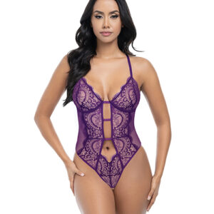 Carmen Lace & Mesh Underwire Crotchless Teddy - Imperial Purple S/M