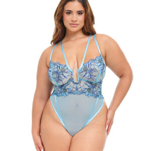 Emilia Floral Embroidered Teddy - Blue 1X
