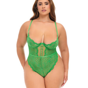 Raine Underwire Shelf Cup Lace Teddy w/Decorative Trim Insert - Green 1X/2X