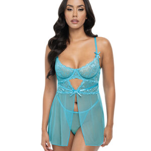 Emma Floral Lace & Mesh Underwire Babydoll w/G-String 2 pc Set - Beach Blue XL