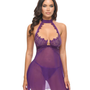 Kennedy Lace and Mesh Babydoll w/G-String 2 pc Set - Purple SM