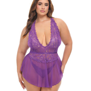 Harmony V-Plunge Lace & Mesh Babydoll w/G-String - Purple 1X/2X