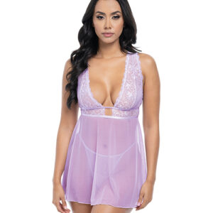 Stassi Lace & Mesh Babydoll w/G-String 2 pc Set - Lavender L/XL