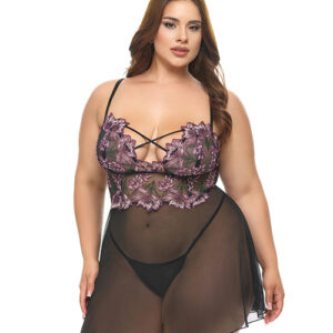 Adela Embroidered Boned Lace and Mesh Babydoll w/G-String 2 pc Set - Black/Pink 2X