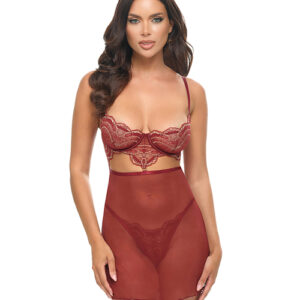 Arielle Unlined Underwire Lace Babydoll w/G-String - Burgundy L/XL