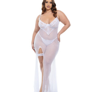 Livia Dot Mesh & Lace Underwire Gown & Garter 2 pc Set - White 1X/2X