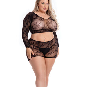 Pink Lipstick Leaf it to Me Long Sleeve Crop Top & Short Black QN