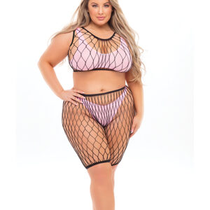 Pink Lipstick Brace for Impact Large Fishnet Top, Shorts, Bra & Thong (Fits up to 3X) PinkQN