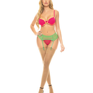 Pink Lipstick Come to Me Bra, Garter Belt & G-String Neon M/L