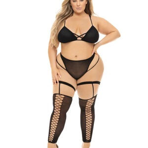 Pink Lipstick Want You Now Bra, Panty & Stockings Black QN