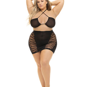 Pink Lipstick Hold On Tight Halter Bra & Skirt Black QN