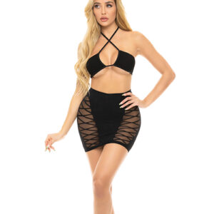 Pink Lipstick Hold On Tight Halter Bra & Skirt Black O/S