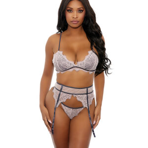Floral Lace Bra, Cage Garter Belt & G-String Dusty Pink XL