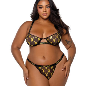 Playboy Gold Foil Mesh & Satin Bralette w/Thong 2 pc Set - Black/Gold 2X