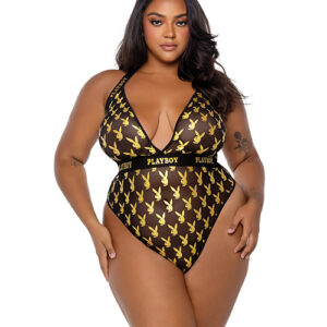 Playboy Bunny Gold Foil Halter Teddy - Black/Gold 2X