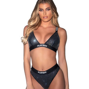 Playboy Disco Fever Rhinestone Bralette w/Thong 2 pc Set - Black XL