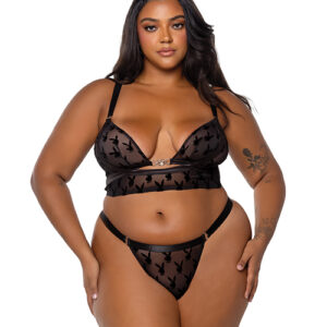 Playboy Bunny Charm Mesh Bralette w/Thong 2 pc Set - Black 2X