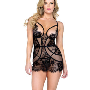 Femme Fatale Scalloped Eyelash Lace & Mesh Chemise & Thong Black LG