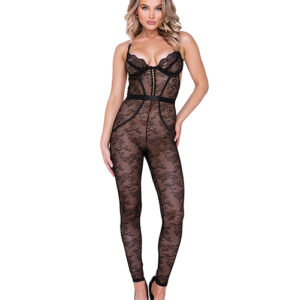 Chantilly Stretch Lace Sleeveless Catsuit w/Satin Trim Black SM