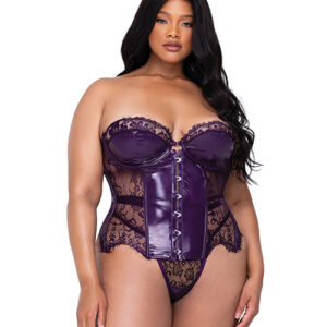 Sugar Plum Scalloped Eyelash Lace & Faux Leather Bustier w/Steel Boning & Thong Purple 1X