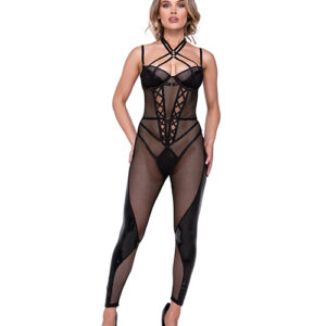 Flirty Fetish Fishnet & Faux Leather Catsuit w/Satin Trim Black MD