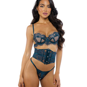 Eden Scalloped Eyelash Lace & Wet Look Waspie 3 pc Set - Teal MD