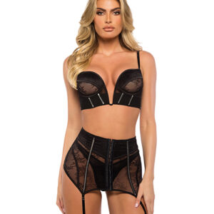Belle Noir Chantilly Lace and Satin Garter Skirt 3 pc Set - Black XL