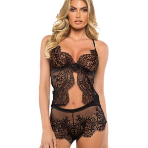 Dreamer's Lust Scalloped Eyelash Lace and Satin 2 pc Camisole Set - Black SM