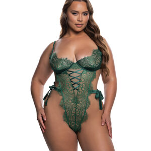 Dreamer's Lust Lace and Satin Teddy - Green 1X