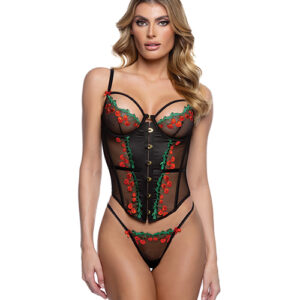Cherry Delight Embroidered Underwire Corset w/G-String - Black XL