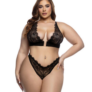 Fever Dream Chantilly Eyelash Lace and Stretch Satin Bralette w/Thong - Black 1X