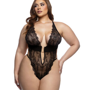 Fever Dream Chantilly Eyelash Lace and Stretch Satin Teddy - Black 1X