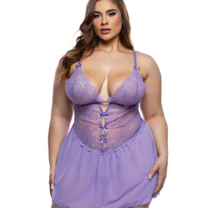Paradise Dream Lace and Mesh Babydoll w/Thong - Lilac 1X/2X