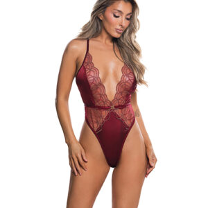 Beaded Belle Metallic Embroidered w/Bead Lace Teddy - Red/Gold SM