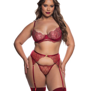 Beaded Belle Metallic Embroidered w/Bead Lace Top, Thong & Garter 3 pc Set - Red 1X