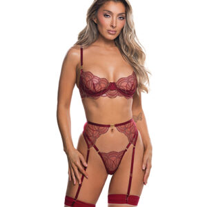 Beaded Belle Metallic Embroidered w/Bead Lace Top, Thong & Garter 3 pc Set - Red LG