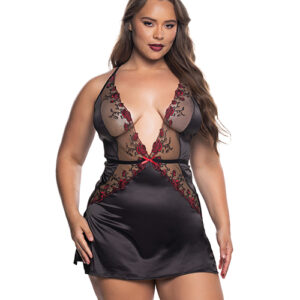 Blossom Beauty Embroidered Rose Lace Babydoll - Black/Red 2X
