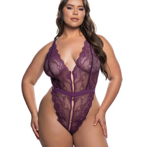 Floral Lace Fetish Teddy - Purple 1X/2X