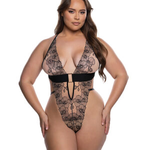 Orchid Blossom Embroidered Teddy - Black/Nude 2X