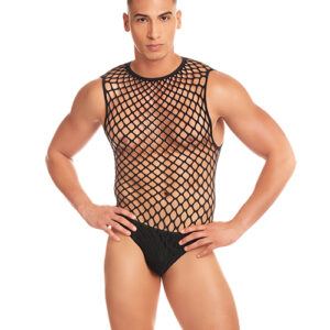 Rainbow Party Full Effect Large Mesh Unitard 2 pc Set w/Thong - Black L/XL