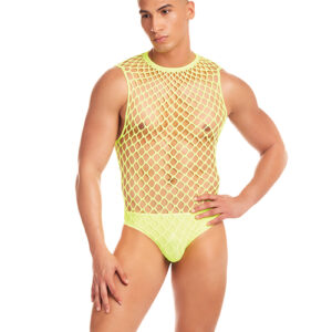 Rainbow Party Full Effect Large Mesh Unitard 2 pc Set w/Thong - Yellow L/XL