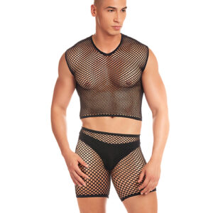 Rainbow Party Net-Bula Large Mesh Long Brief 3 pc Set w/Thong - Black L/XL