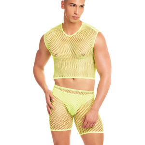 Rainbow Party Net-Bula Large Mesh Long Brief 3 pc Set w/Thong - Yellow S/M